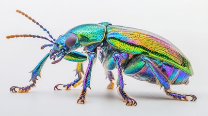 Detailed view of a jewel beetle with iridescent exoskeleton, sharp focus on body and legs, white backdrop