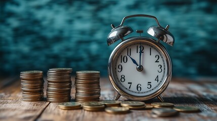 clock and stacked coins representing the relationship between time and money in a quaint setting