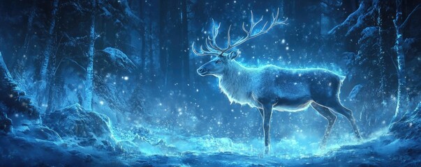 Aufkleber - A mystical reindeer illuminated by glowing blue light in a snowy forest, creating a serene and enchanting winter scene.