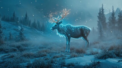 Poster - A majestic reindeer illuminated by soft light in a serene winter landscape, surrounded by snow and frosty trees.