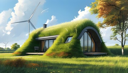 Wall Mural - Sustainable passive house design featuring wind turbines for energy efficiency and eco-friendly living