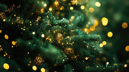 Poster - A close-up view of a beautifully adorned Christmas tree with sparkling lights and a warm, festive atmosphere.