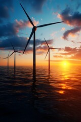 Wind turbines along a coast, clean energy generation, environmental care, 3D illustration