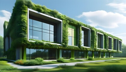 Sleek and Sustainable Energy-Efficient Building Featuring Expansive Windows and Lush Green Landscaping