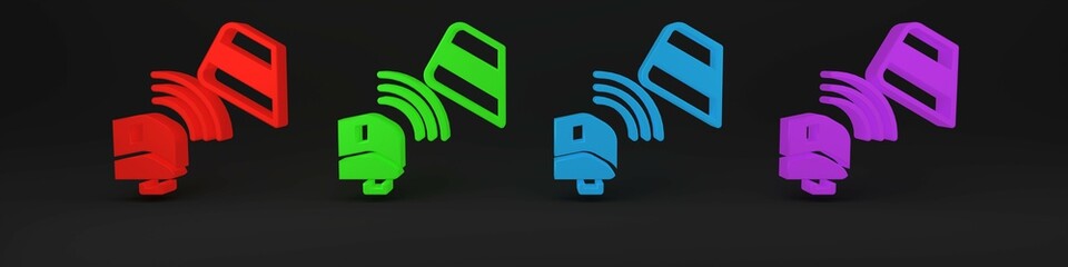 Poster - Colorful POS terminal with inserted credit card and printed reciept icon isolated on black background. NFC payment concept. Minimalism concept. 3D render illustration