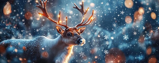 Poster - A majestic reindeer stands amid gentle snowfall, illuminated by soft bokeh lights, capturing the essence of winter's beauty.