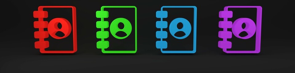 Poster - Colorful Address book icon isolated on black background. Notebook, address, contact, directory, phone, telephone book icon. Minimalism concept. 3D render illustration