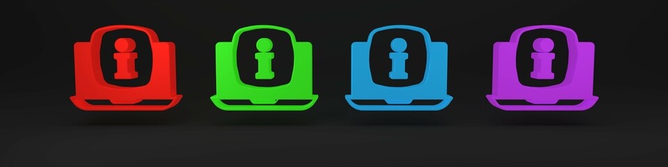 Poster - Colorful Laptop with information icon isolated on black background. Minimalism concept. 3D render illustration