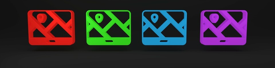 Sticker - Colorful Infographic of city map navigation icon isolated on black background. Mobile App Interface concept design. Geolacation concept. Minimalism concept. 3D render illustration