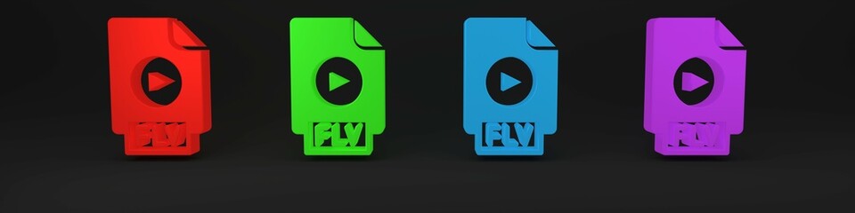 Poster - Colorful FLV file document video file format. Download flv button icon isolated on black background. FLV file symbol. Minimalism concept. 3D render illustration