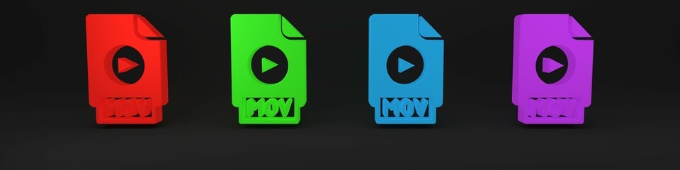 Poster - Colorful MOV file document. Download mov button icon isolated on black background. MOV file symbol. Audio and video collection. Minimalism concept. 3D render illustration