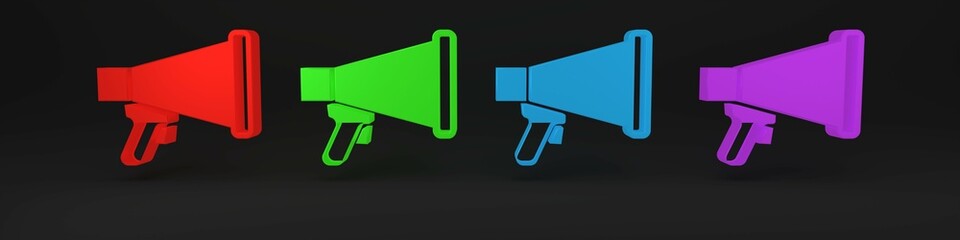 Poster - Colorful Megaphone icon isolated on black background. Speaker sign. Minimalism concept. 3D render illustration