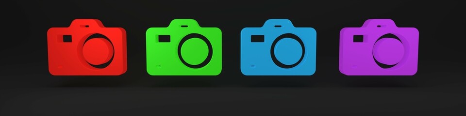 Wall Mural - Colorful Photo camera icon isolated on black background. Foto camera. Digital photography. Minimalism concept. 3D render illustration