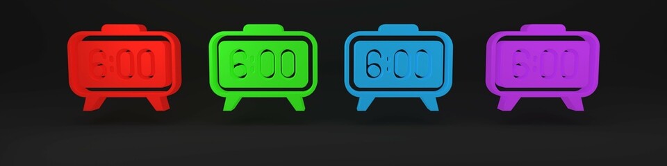 Poster - Colorful Digital alarm clock icon isolated on black background. Electronic watch alarm clock. Time icon. Minimalism concept. 3D render illustration