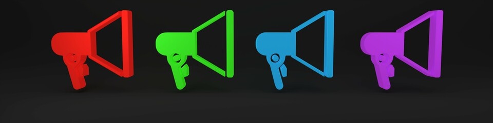 Poster - Colorful Megaphone icon isolated on black background. Speaker sign. Minimalism concept. 3D render illustration