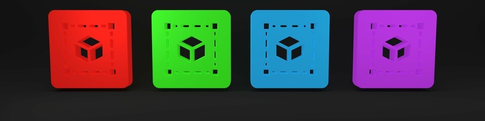 Poster - Colorful Geometric figure Cube icon isolated on black background. Abstract shape. Geometric ornament. Minimalism concept. 3D render illustration