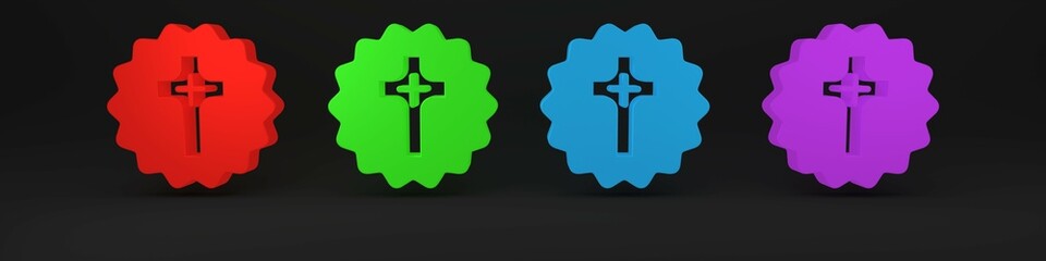 Colorful Christian cross icon isolated on black background. Church cross. Minimalism concept. 3D render illustration