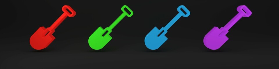 Poster - Colorful Shovel icon isolated on black background. Gardening tool. Tool for horticulture, agriculture, farming. Minimalism concept. 3D render illustration
