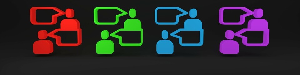 Poster - Colorful Two sitting men talking icon isolated on black background. Speech bubble chat. Message icon. Communication or comment chat symbol. Minimalism concept. 3D render illustration