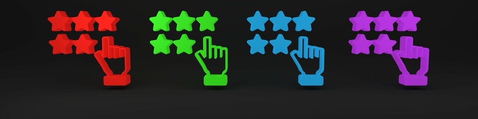 Sticker - Colorful Five stars customer product rating review icon isolated on black background. Favorite, best rating, award symbol. Minimalism concept. 3D render illustration