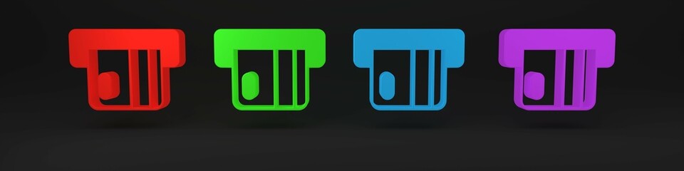 Poster - Colorful Credit card inserted in card reader icon isolated on black background. ATM cash machine. Minimalism concept. 3D render illustration