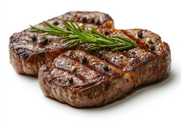 Two grilled steaks with rosemary and black pepper on a white background, close-up view. Gourmet food concept for a restaurant menu or advertising banner.