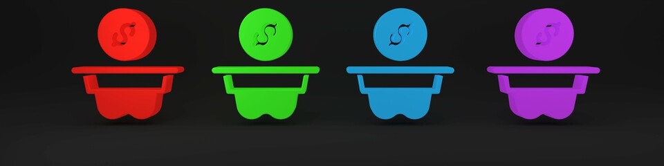 Poster - Colorful Donation money icon isolated on black background. Hand give money as donation symbol. Donate money and charity concept. Minimalism concept. 3D render illustration
