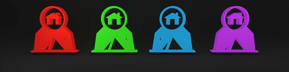 Colorful Tourist tent icon isolated on black background. Camping symbol. Minimalism concept. 3D render illustration