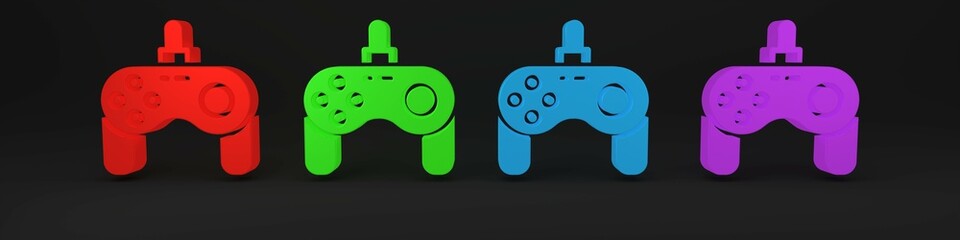 Poster - Colorful Gamepad icon isolated on black background. Game controller. Minimalism concept. 3D render illustration