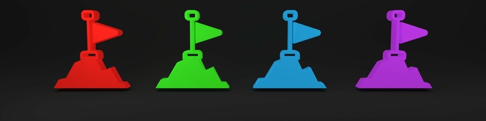 Poster - Colorful Mountains with flag on top icon isolated on black background. Symbol of victory or success concept. Goal achievement. Minimalism concept. 3D render illustration