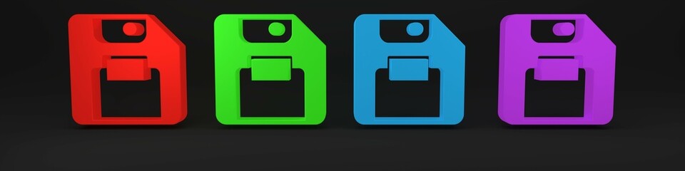 Poster - Colorful Floppy disk for computer data storage icon isolated on black background. Diskette sign. Minimalism concept. 3D render illustration