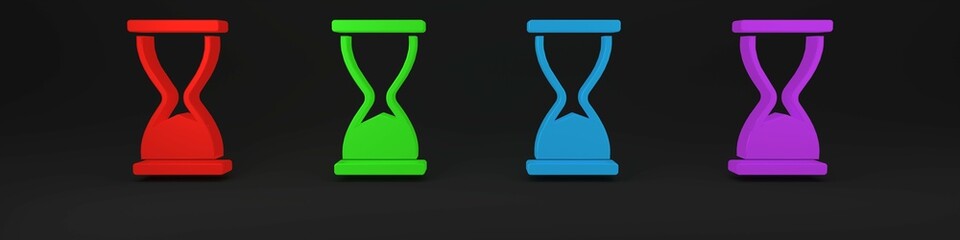Poster - Colorful Old hourglass with flowing sand icon isolated on black background. Sand clock sign. Business and time management concept. Minimalism concept. 3D render illustration
