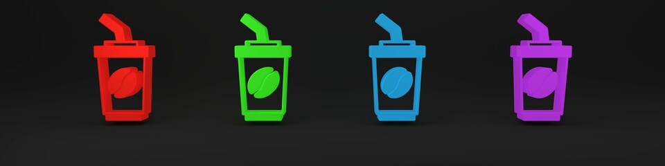 Canvas Print - Colorful Coffee cup to go icon isolated on black background. Minimalism concept. 3D render illustration