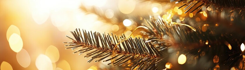 Poster - Close-up view of sparkling Christmas tree branch with warm golden bokeh background, perfect for festive celebrations.