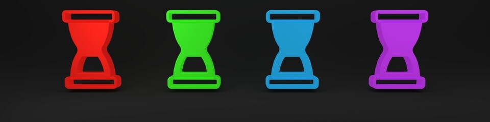 Poster - Colorful Old hourglass with flowing sand icon isolated on black background. Sand clock sign. Business and time management concept. Minimalism concept. 3D render illustration