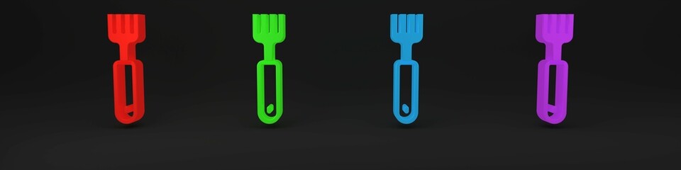 Wall Mural - Colorful Fork icon isolated on black background. Cutlery symbol. Minimalism concept. 3D render illustration