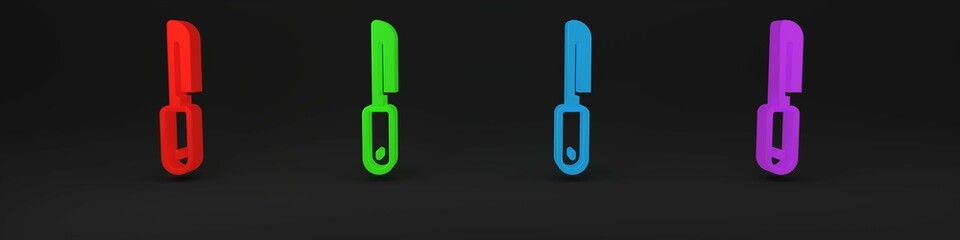 Poster - Colorful Knife icon isolated on black background. Cutlery symbol. Minimalism concept. 3D render illustration