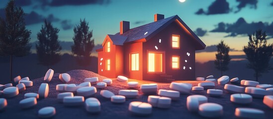 House constructed from pills in a residential area