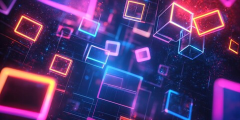 Poster - Abstract Neon Geometric Shapes in Digital Space
