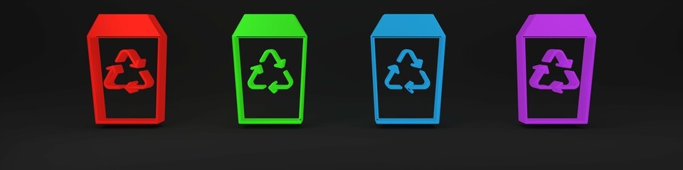 Poster - Colorful Recycle bin with recycle symbol icon isolated on black background. Trash can icon. Garbage bin sign. Recycle basket sign. Minimalism concept. 3D render illustration
