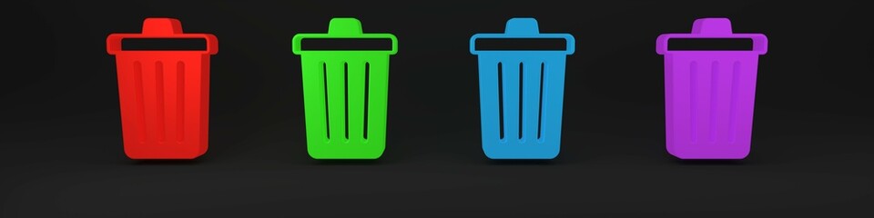 Poster - Colorful Trash can icon isolated on black background. Garbage bin sign. Recycle basket icon. Office trash icon. Minimalism concept. 3D render illustration