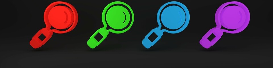 Poster - Colorful Magnifying glass icon isolated on black background. Search, focus, zoom, business symbol. Minimalism concept. 3D render illustration