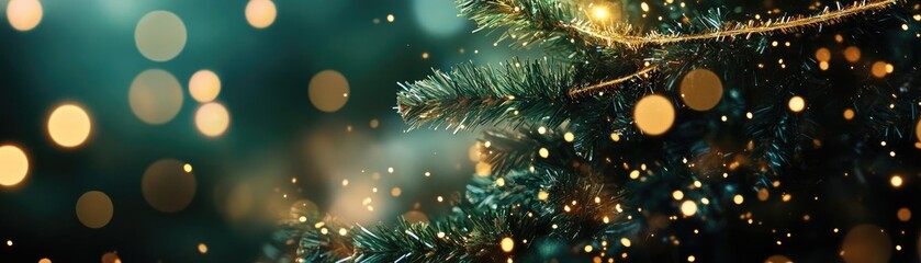 Poster - A close-up of festive Christmas tree branches with sparkling lights and shimmering bokeh, creating a warm holiday atmosphere.