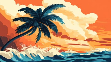 Hurricane with palm tree flat color illustration