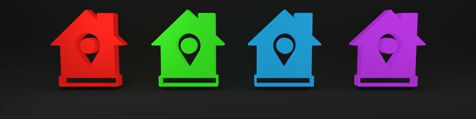 Poster - Colorful Map pointer with house icon isolated on black background. Home location marker symbol. Minimalism concept. 3D render illustration