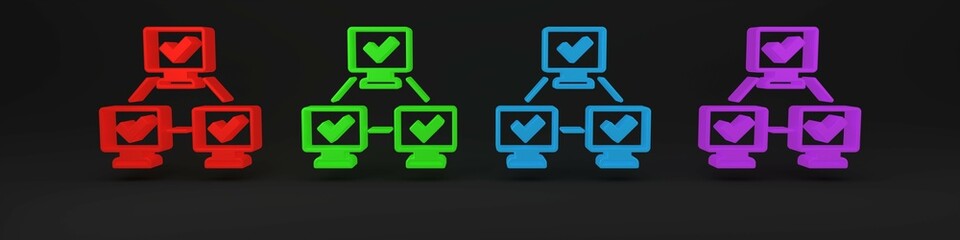 Aufkleber - Colorful NFT blockchain technology icon isolated on black background. Non fungible token. Digital crypto art concept. Minimalism concept. 3D render illustration