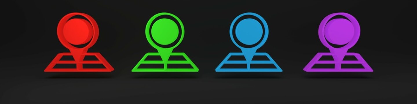 Colorful Folded map with location marker icon isolated on black background. Minimalism concept. 3D render illustration