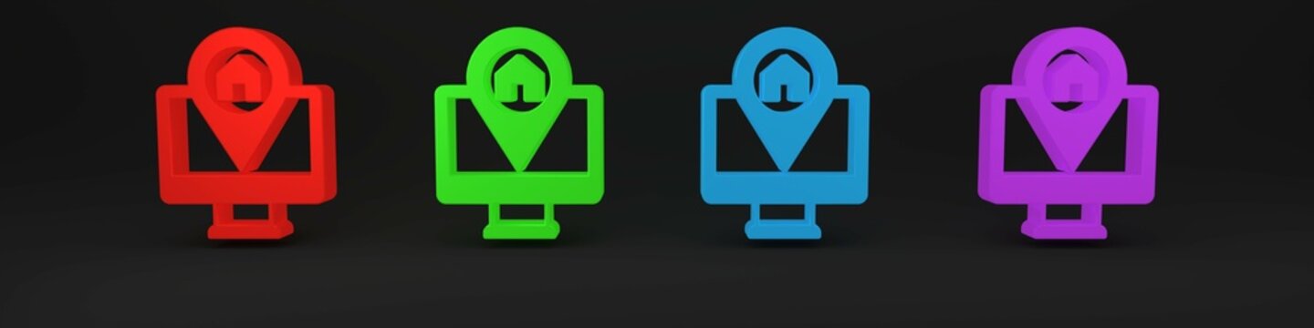 Colorful Computer monitor and folded map with location marker icon isolated on black background. Minimalism concept. 3D render illustration