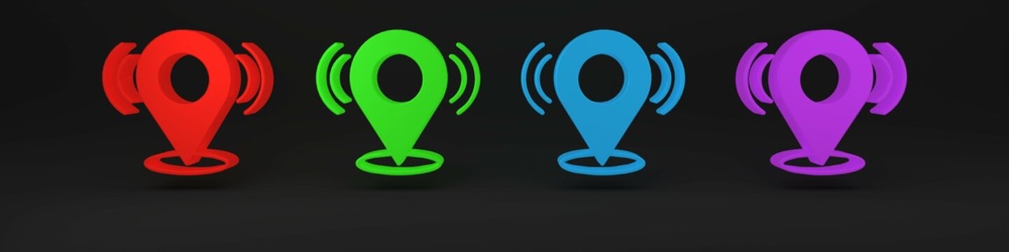 Colorful Map pin icon isolated on black background. Navigation, pointer, location, map, gps, direction, search concept. Minimalism concept. 3D render illustration