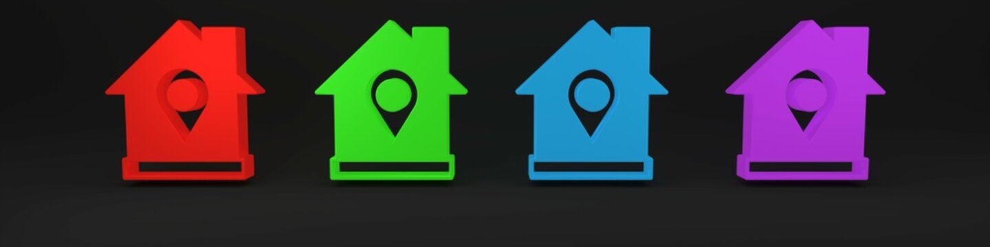 Colorful Map pointer with house icon isolated on black background. Home location marker symbol. Minimalism concept. 3D render illustration